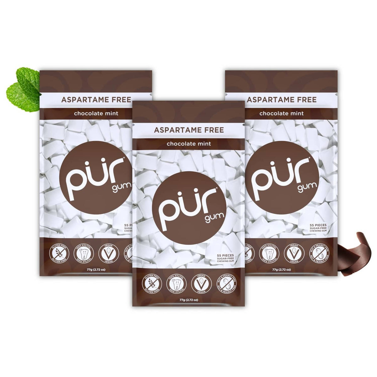 PUR chocolate mint gum packs, aspartame-free, aspartame free label
