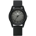 Black men's wristwatch with textured silicone strap and round dark dial, three hands.