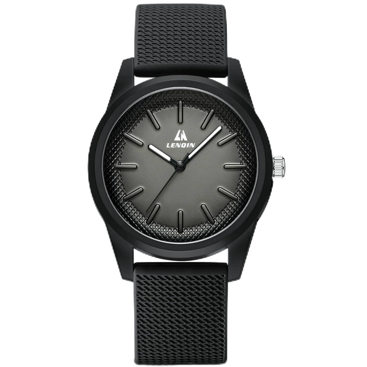 Black men's wristwatch with textured silicone strap and round dark dial, three hands.