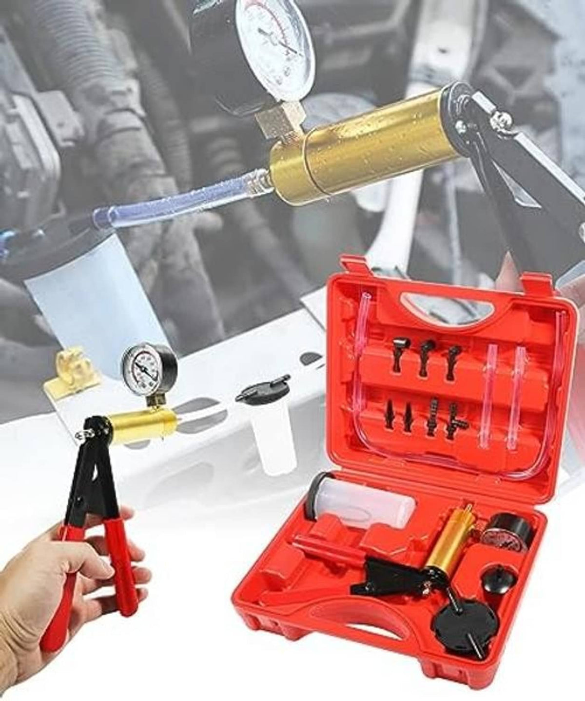 Brake bleeder vacuum pump kit in use: gold pump, hose, and red adapter set
