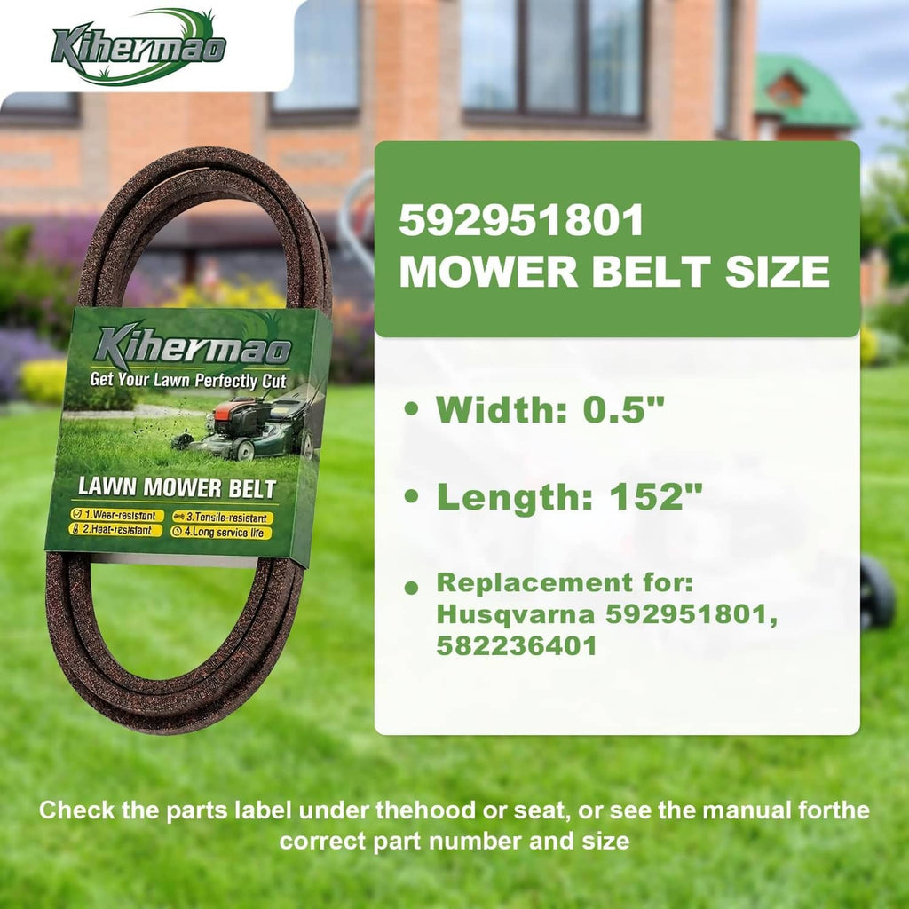 Lawn mower deck belt with green size label: width 0.5 in, length 152 in.