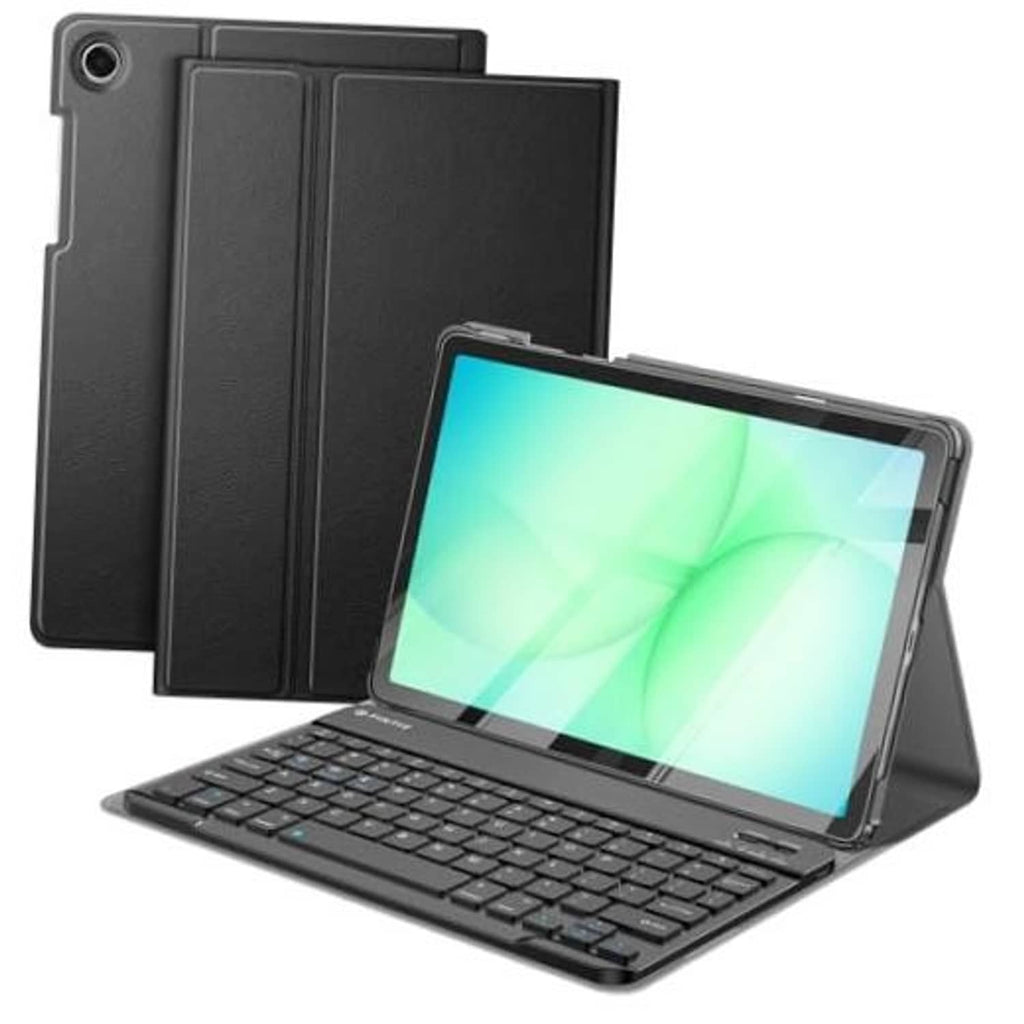 Black folding keyboard tablet case with back cover and viewing stand