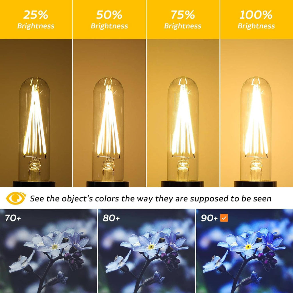 Dimmable LED T30 tube bulbs showing warm glow at 25%–100% brightness, two bulbs