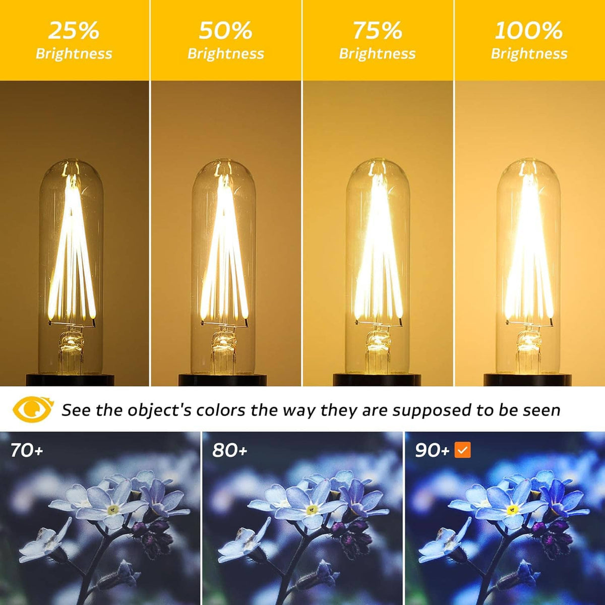 Dimmable LED T30 tube bulbs showing warm glow at 25%–100% brightness, two bulbs