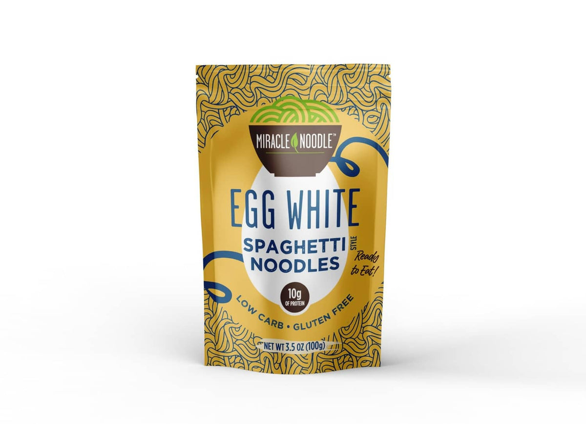 Miracle Noodle egg white spaghetti noodles pouch, front label view