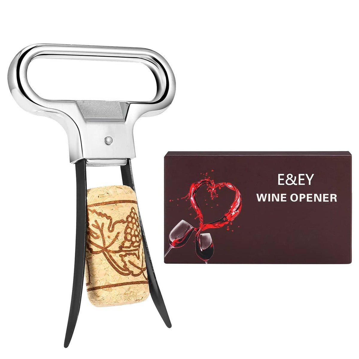 Two-prong wine corkscrew with black handle and chrome lever, cork in pull slot