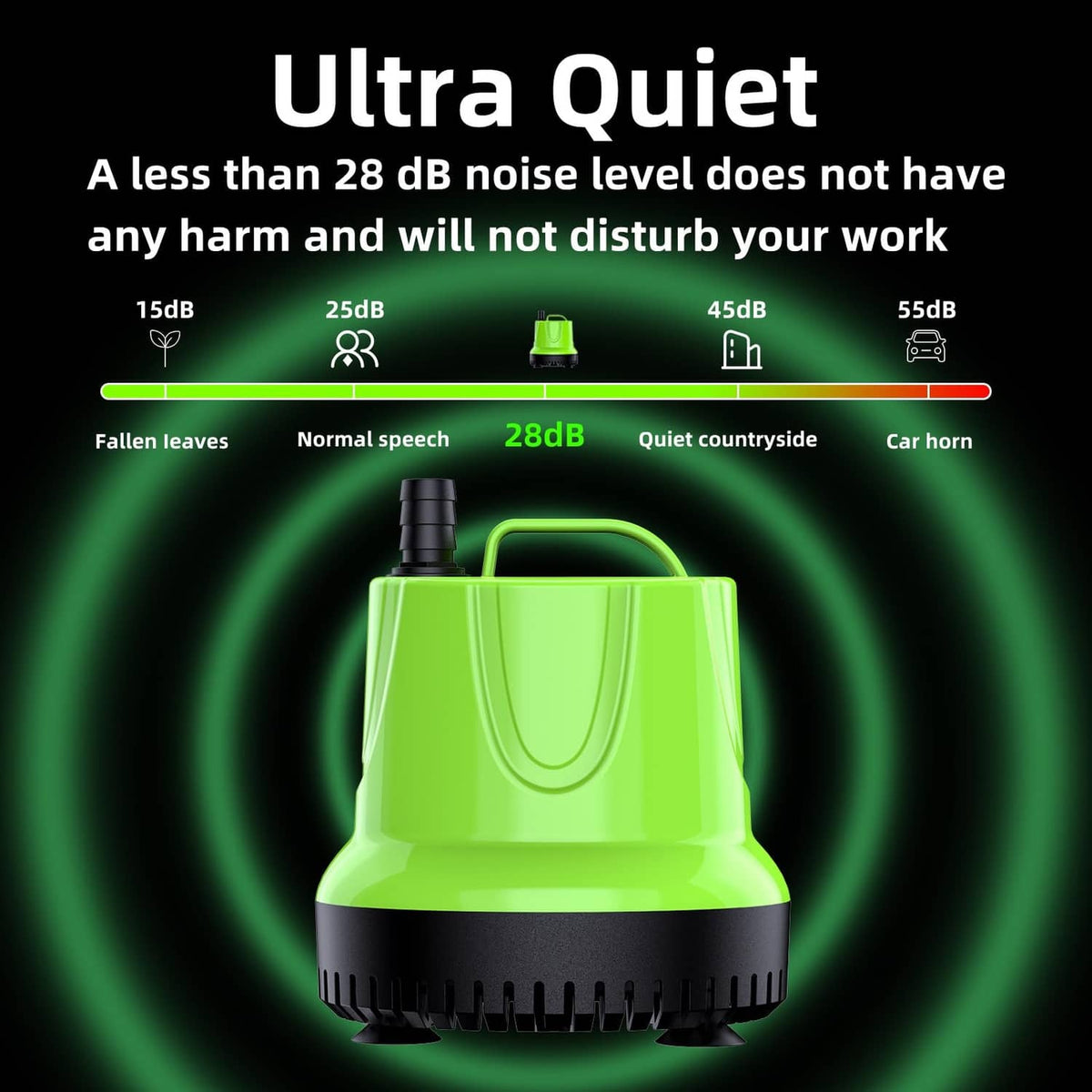 Green submersible fountain pump front view with quiet operation indicator