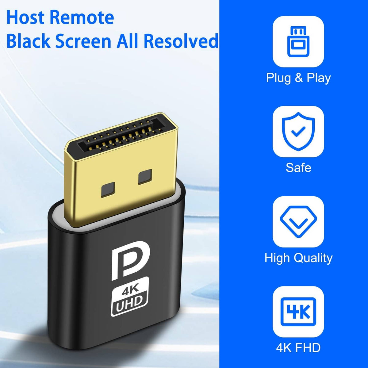 Black DisplayPort ghost emulator adapter with gold plug and blue LED, plug-and-play style