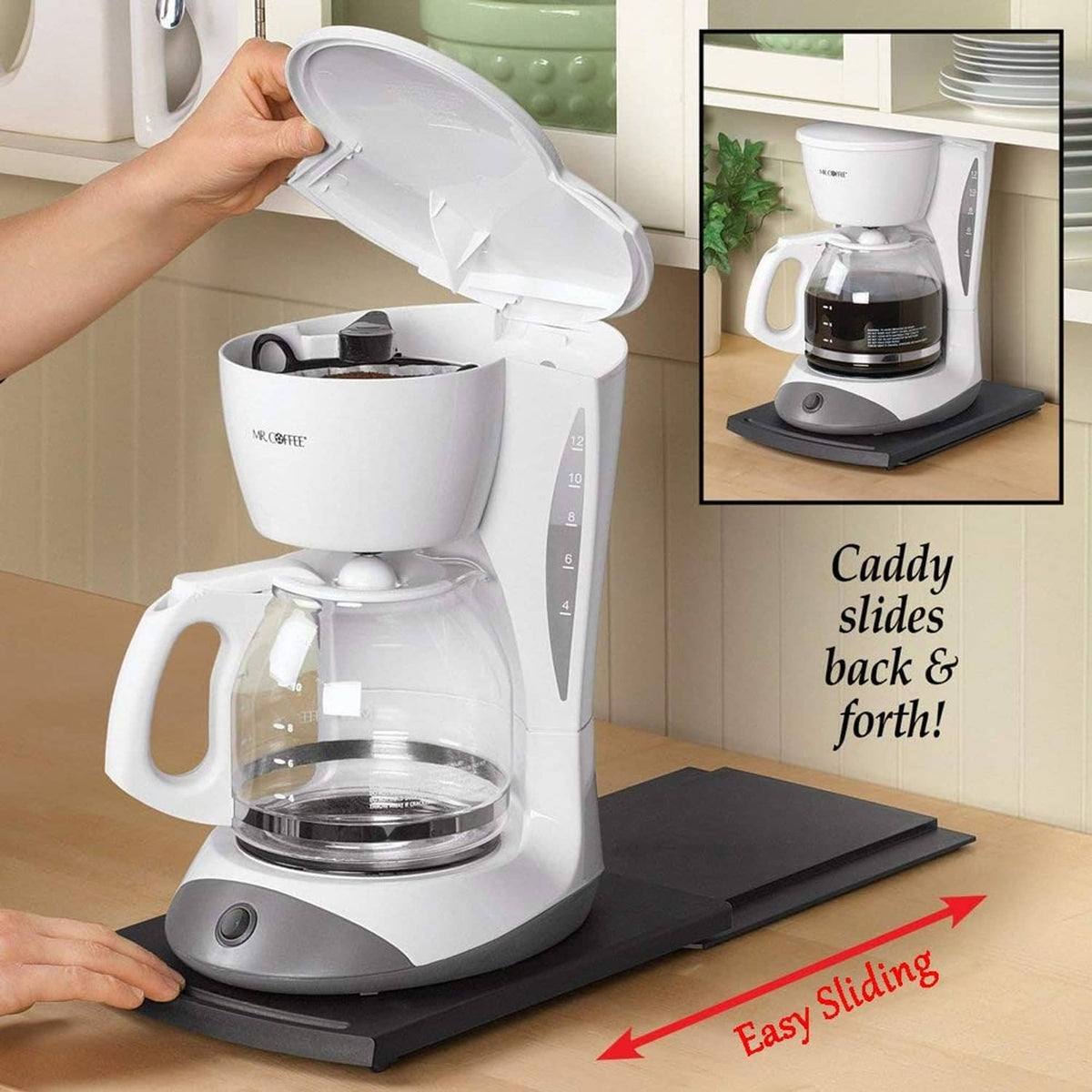 Black sliding tray mat under a coffee maker; easy sliding design shown