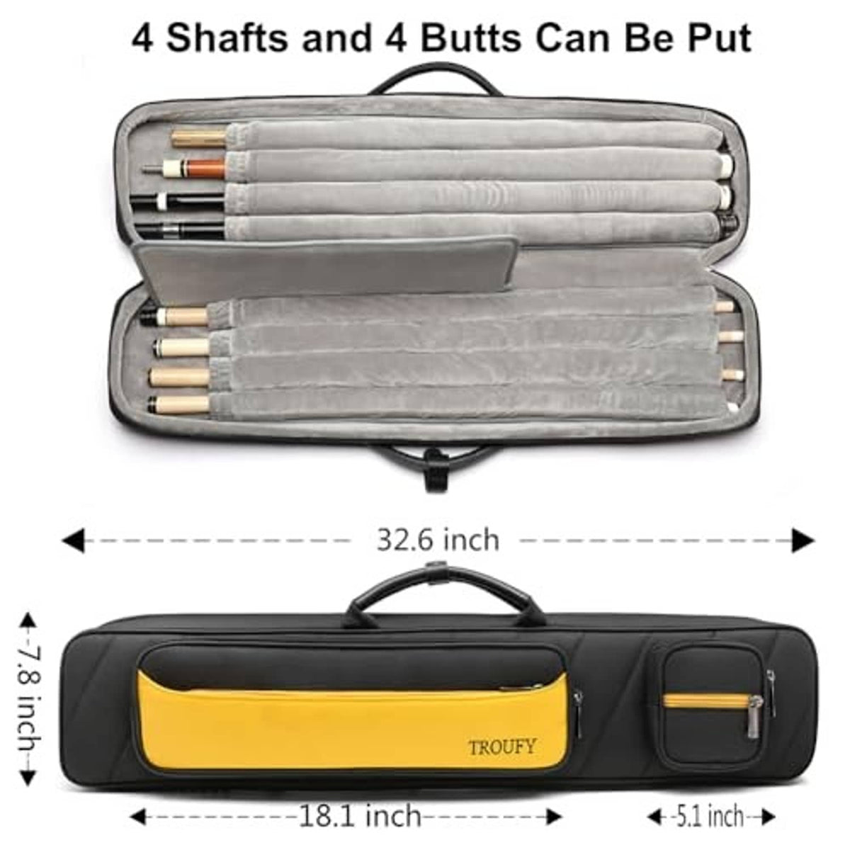Open black pool cue case showing fitted shafts and butts inside