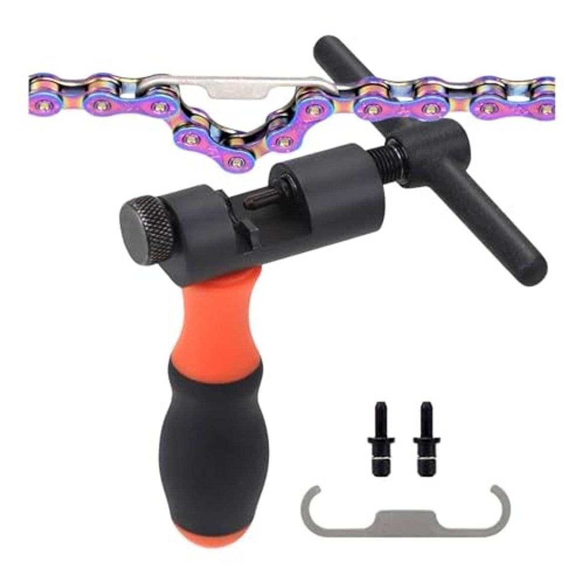 Bike chain breaker tool with orange grip and black body, includes two drive pins.