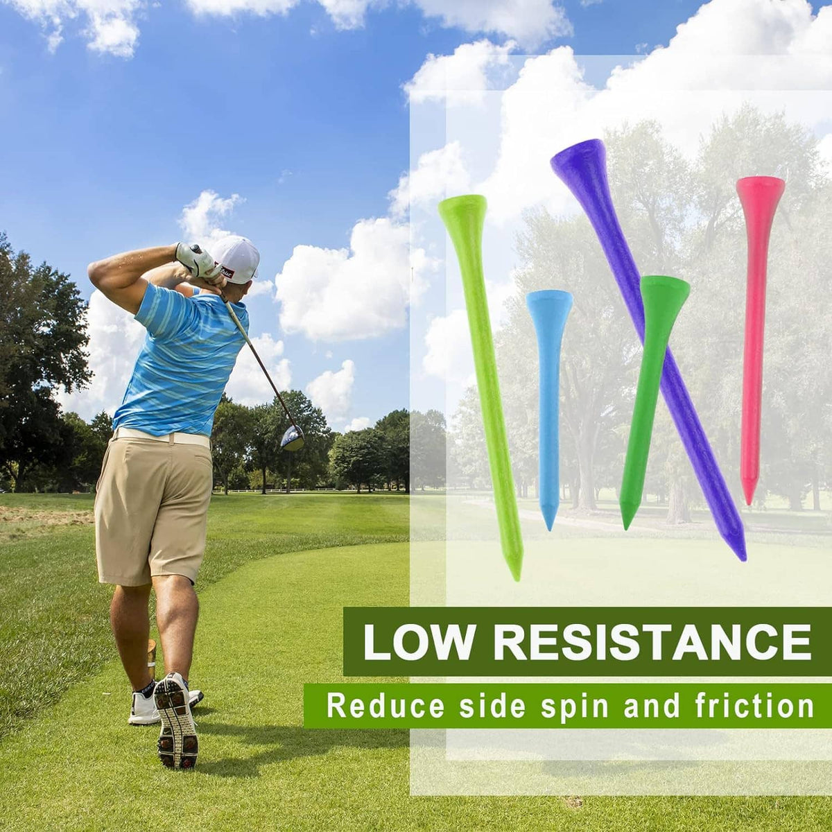 Set of colorful wood golf tees displayed with green, blue, purple, and pink tees