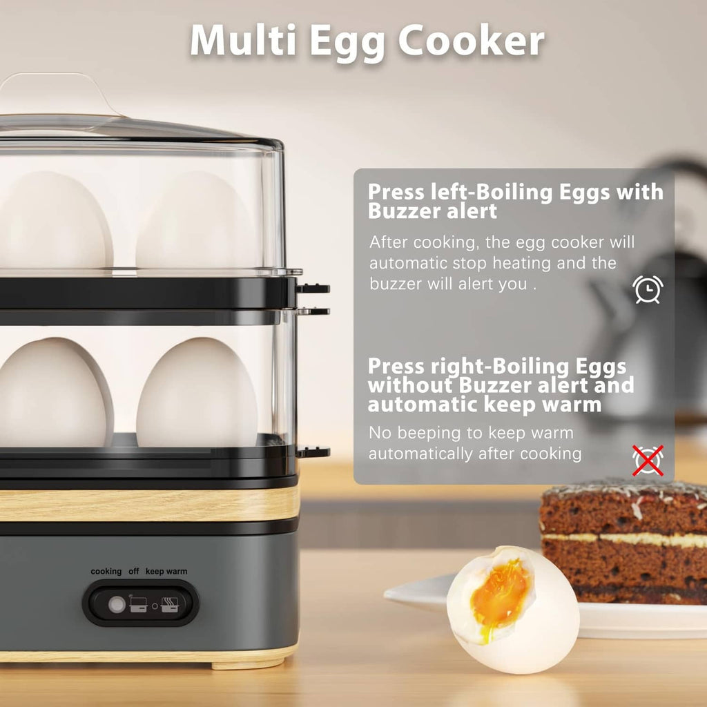 Gray electric egg cooker base with transparent lid and control panel