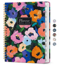 2026–2027 planner cover with vivid abstract floral design and vertical month tabs