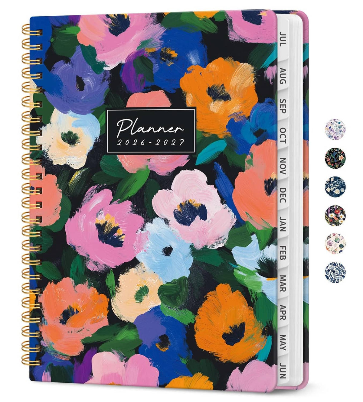 2026–2027 planner cover with vivid abstract floral design and vertical month tabs