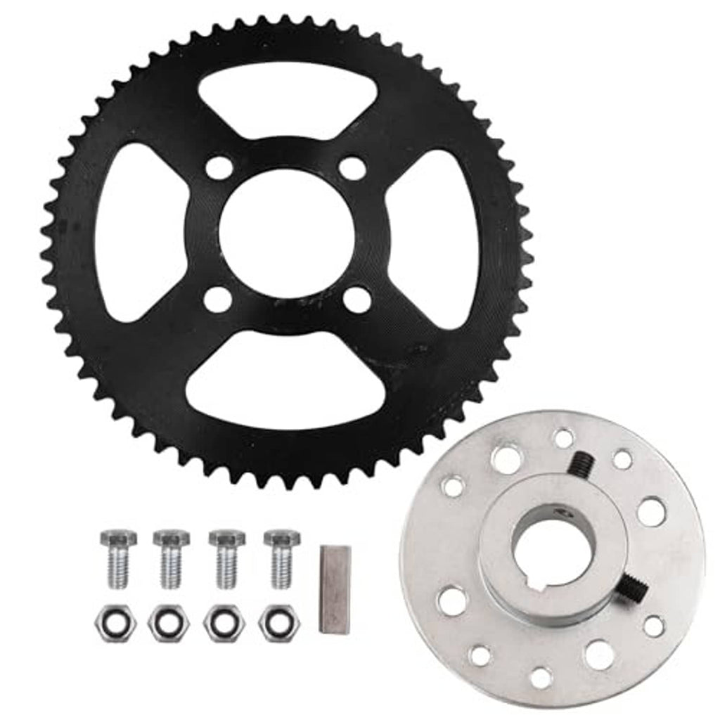 Rear go-kart sprocket set with black toothed wheel and silver 4-bolt hub plate.