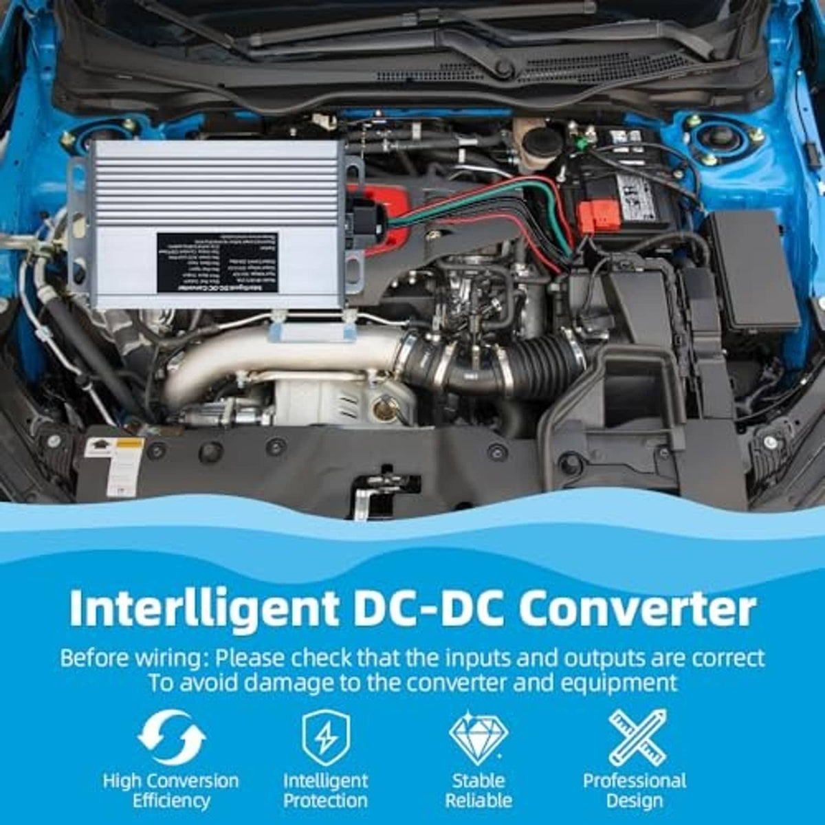 DC-DC step-down converter mounted in vehicle engine bay with multi-wire harness