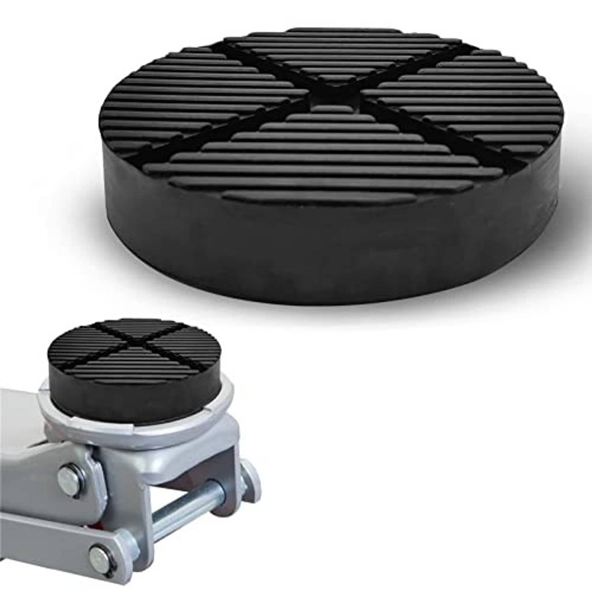 Round black jack pad with ribbed cross-groove surface and thick rubber edge