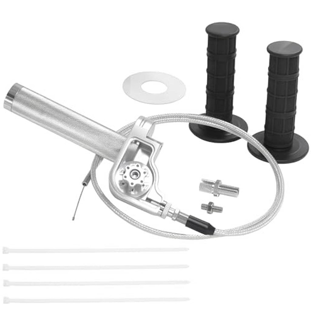 Throttle grip kit with silver throttle assembly, black grips, and braided cable