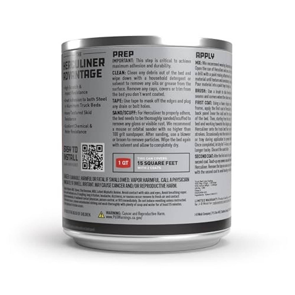 Herculiner truck bed liner 1-quart can, back label with prep and apply info