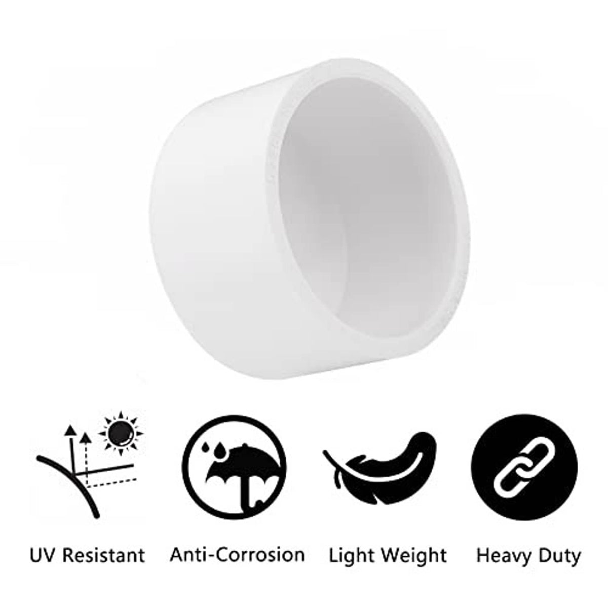 White PVC pipe end cap with smooth exterior and round hollow interior