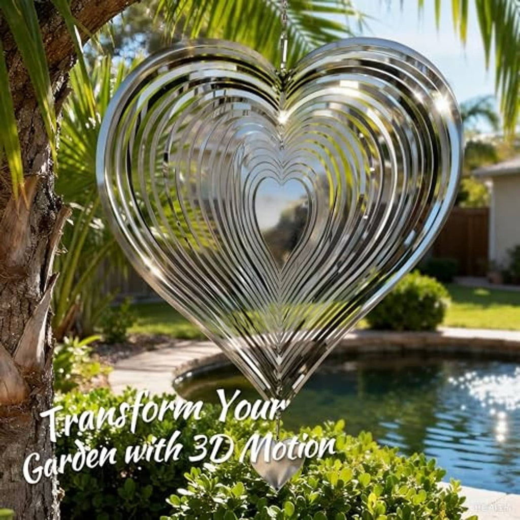 Heart-shaped stainless steel wind spinner yard ornament with swirl ridges