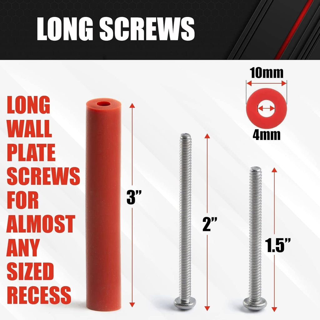 Long wall-plate extender screws with red nonconductive sleeve for outlet boxes