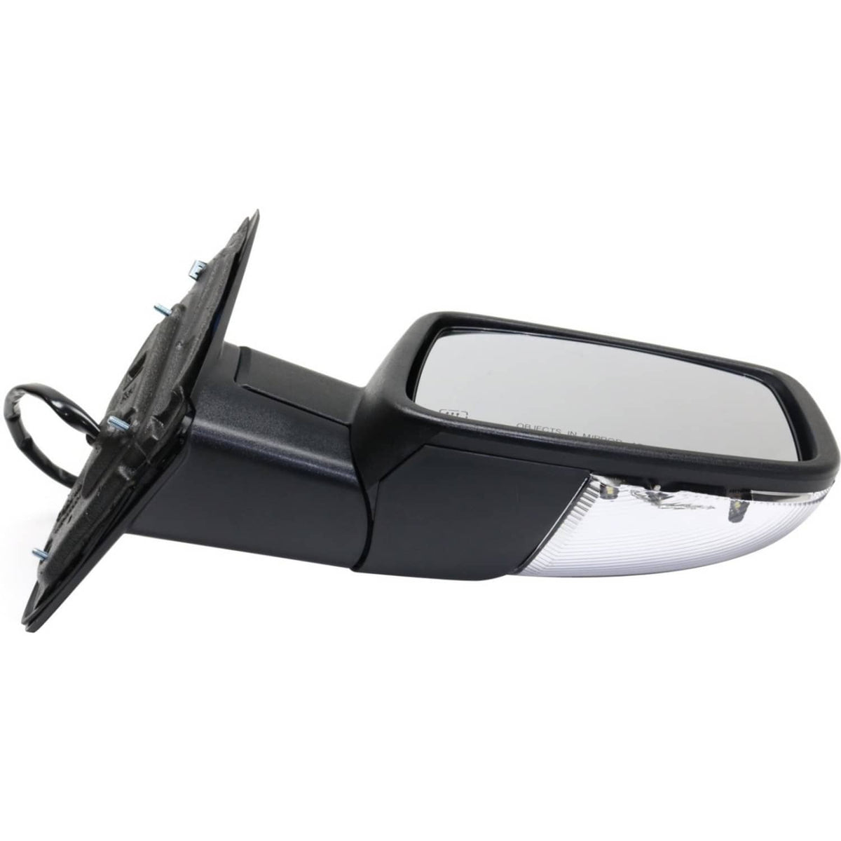 Heated power folding side mirror with black housing and clear glass, angled view