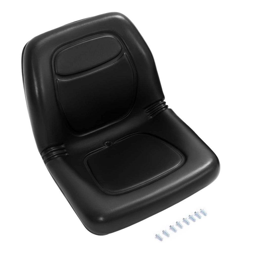Black utility seat with backrest contours and small mounting bolt set nearby.
