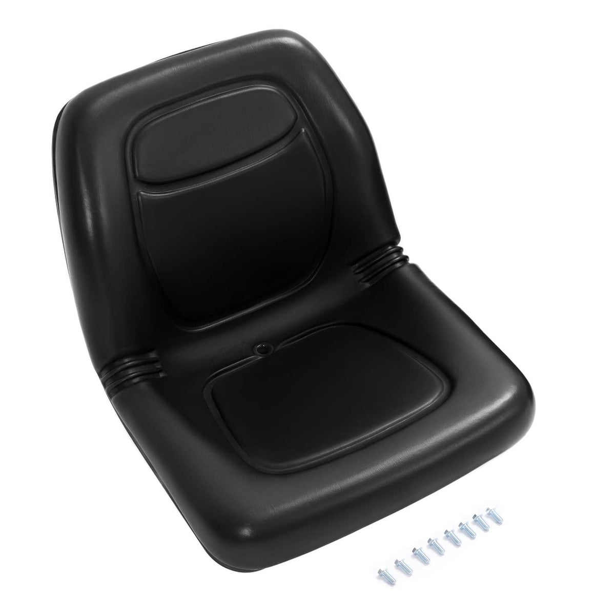 Black utility seat with backrest contours and small mounting bolt set nearby.