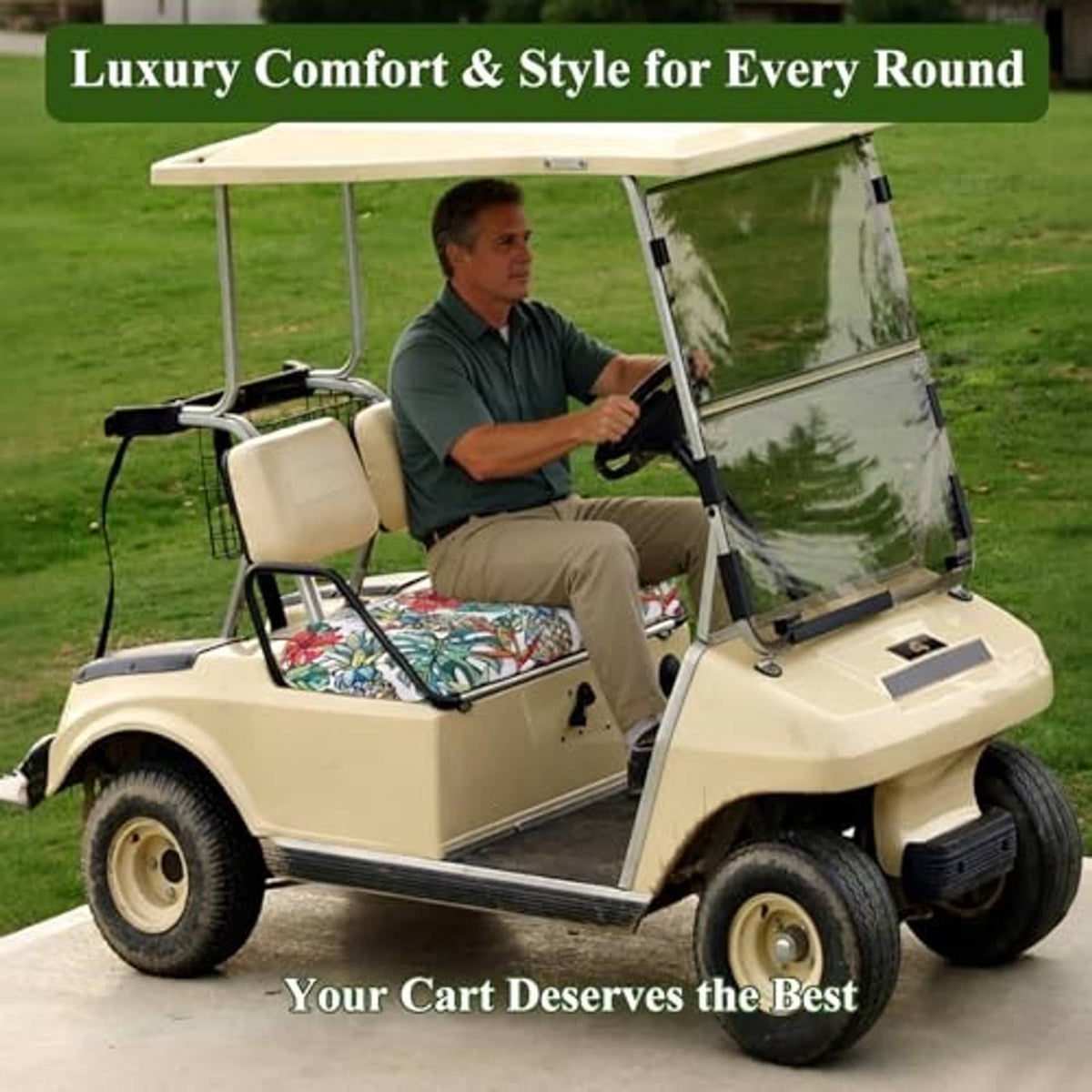 Golf cart seat cover blanket with colorful tropical print on front bench