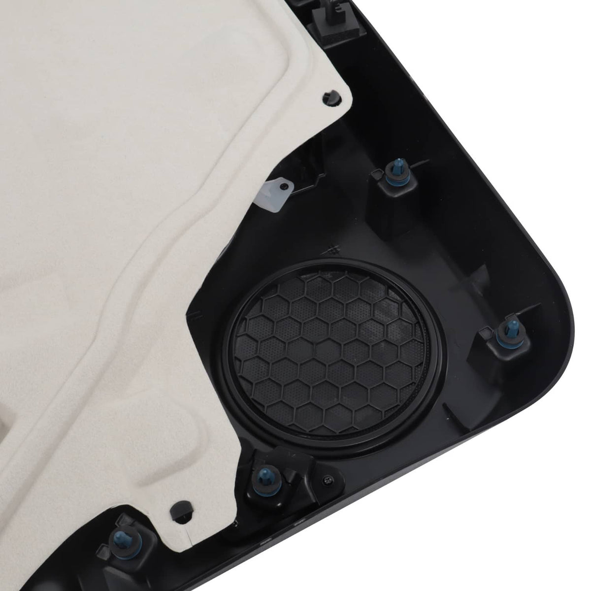 Interior door trim panel with circular speaker grille and blue-tinted mounting clips.