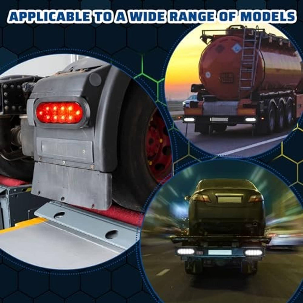 Oval red LED trailer light mounted on a vehicle, black housing