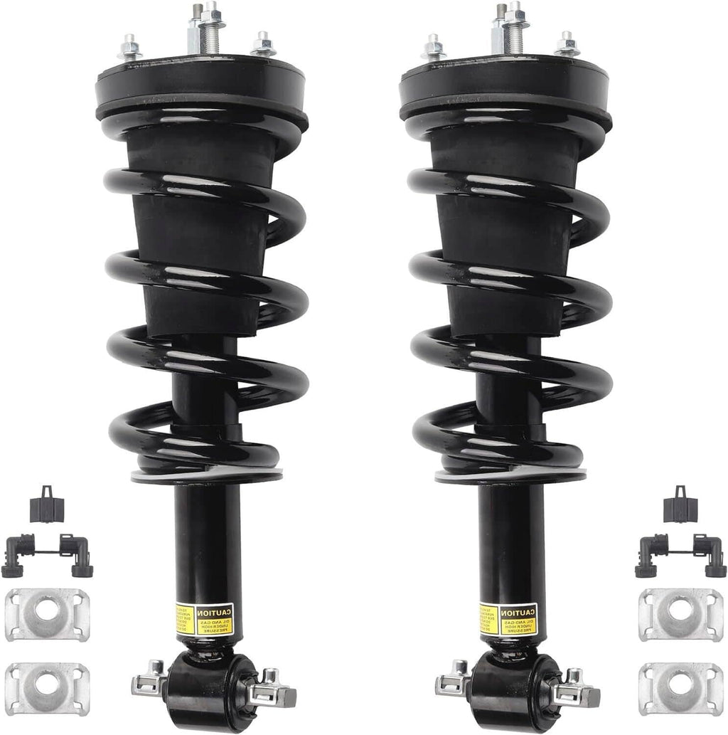 Pair of front shock struts with black coil springs and top mounting hardware