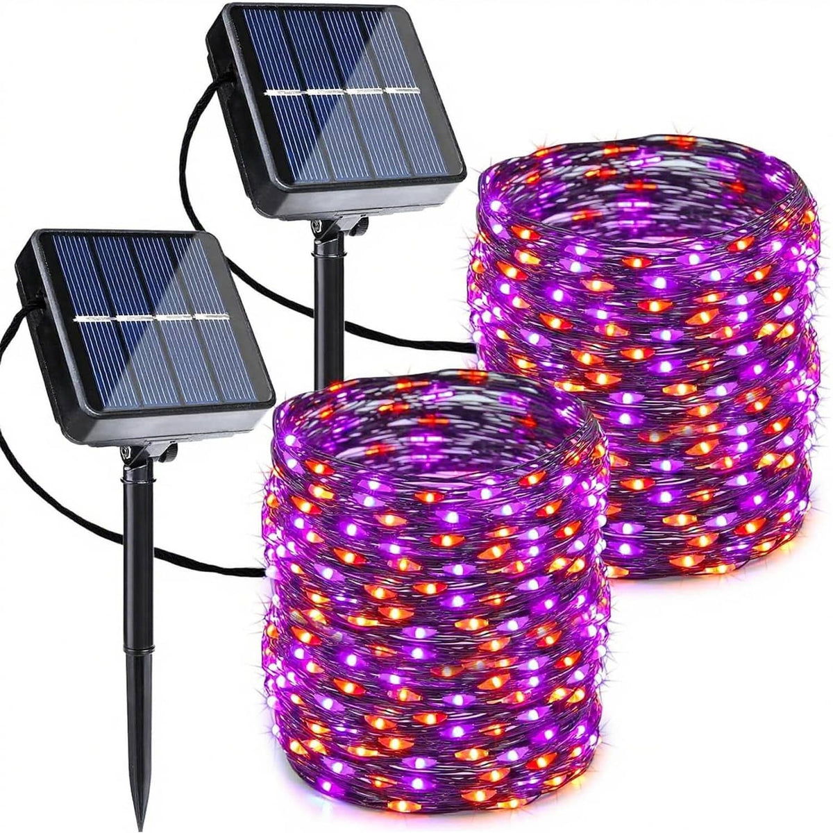 Solar string lights with purple LEDs and orange dots, two coiled strands and solar panels
