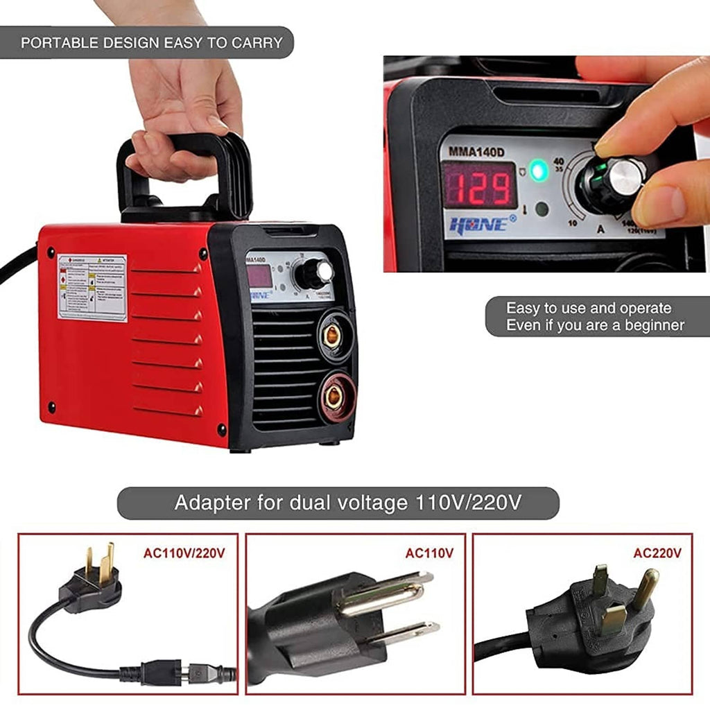 Portable red stick welder with carry handle, control knobs, and dual-voltage plug adapter