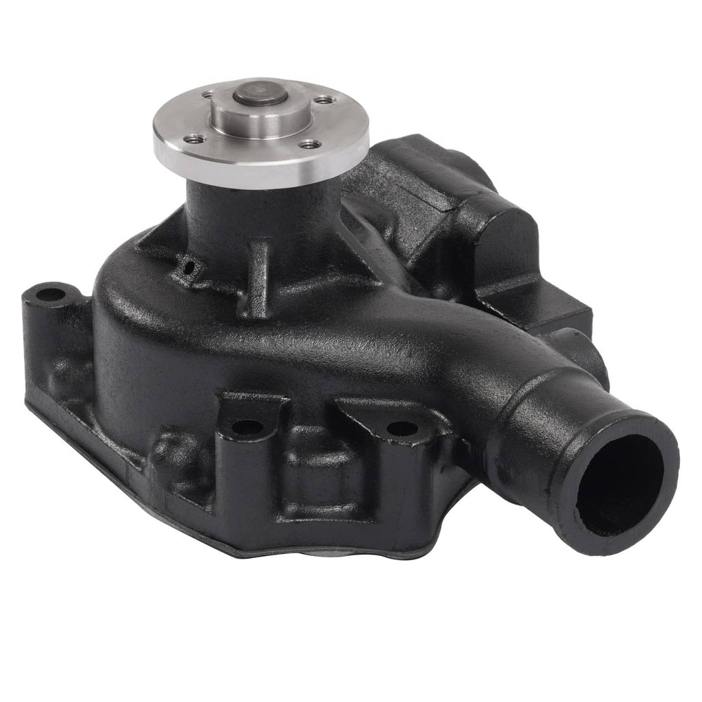 Water pump with black housing, silver flange top, and large outlet opening
