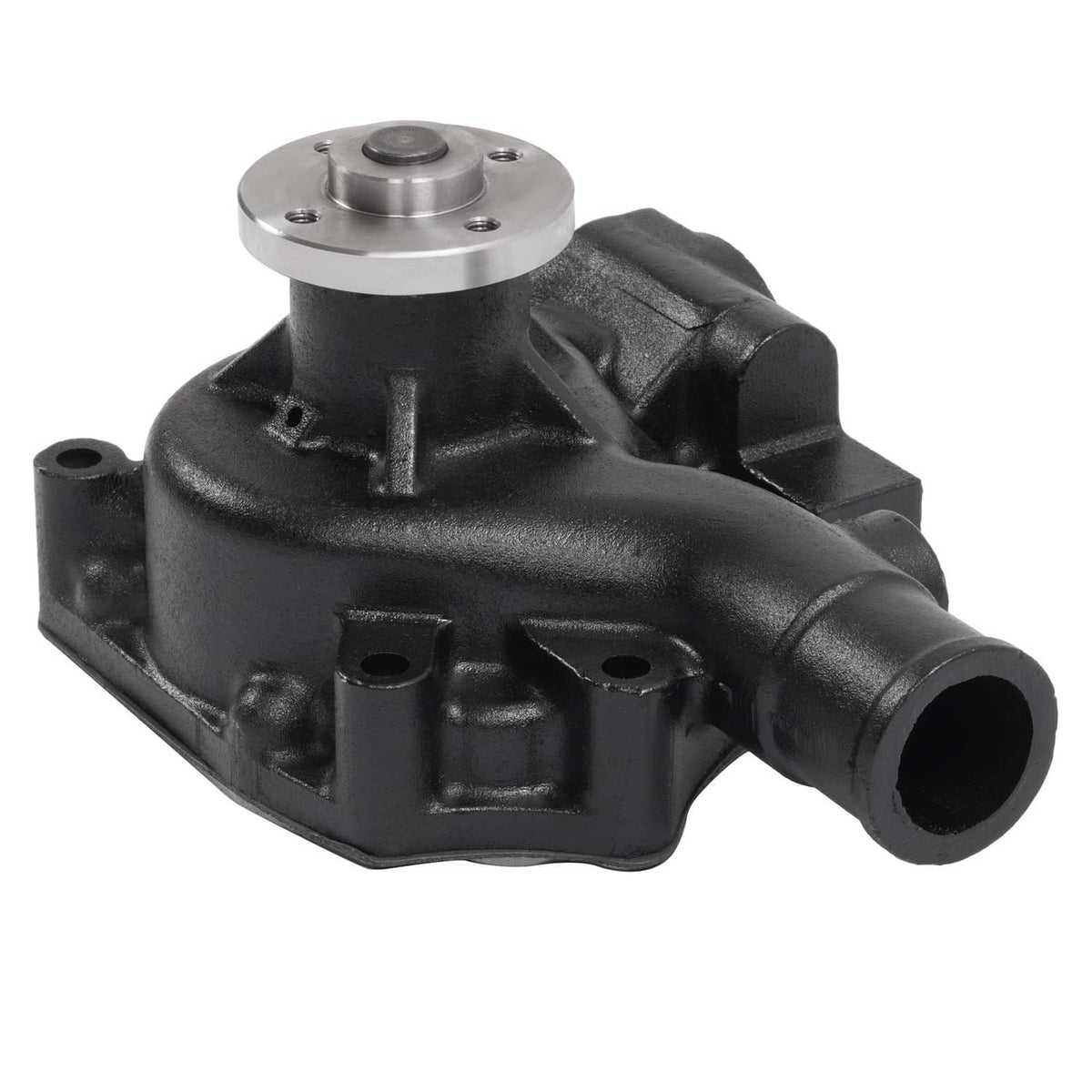 Water pump with black housing, silver flange top, and large outlet opening