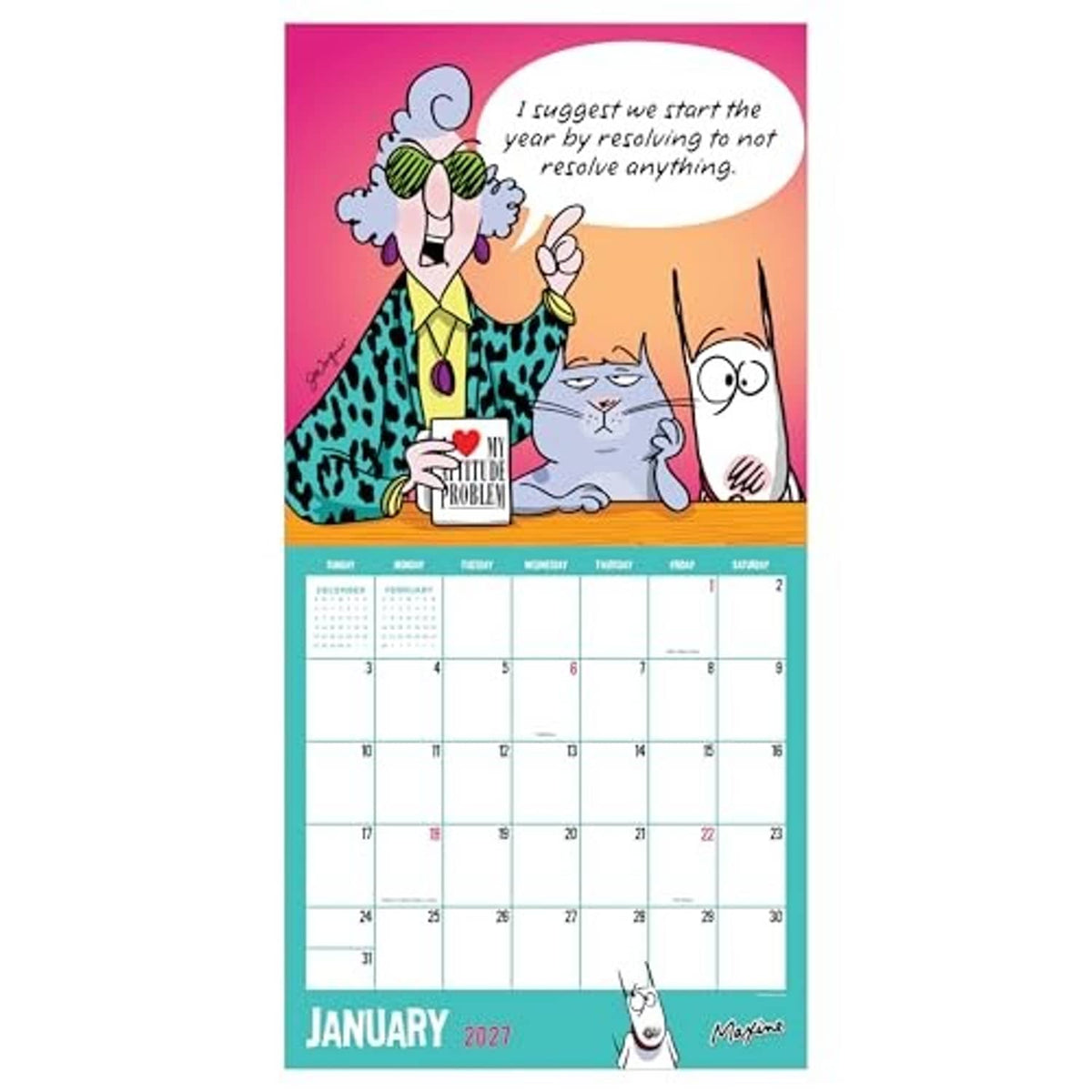 January 2027 wall calendar page with Maxine cartoon, cat, and monthly date grid