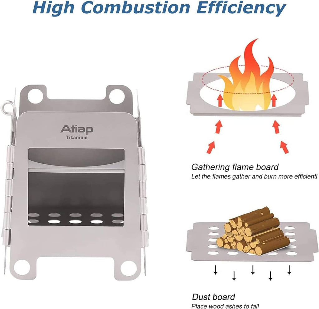 Titanium folding stove with grate holes and combustion chamber opening