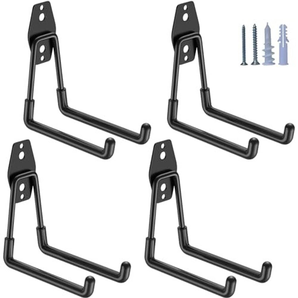 Black U-hook garage hooks with mounting plates and screws, 4-pack