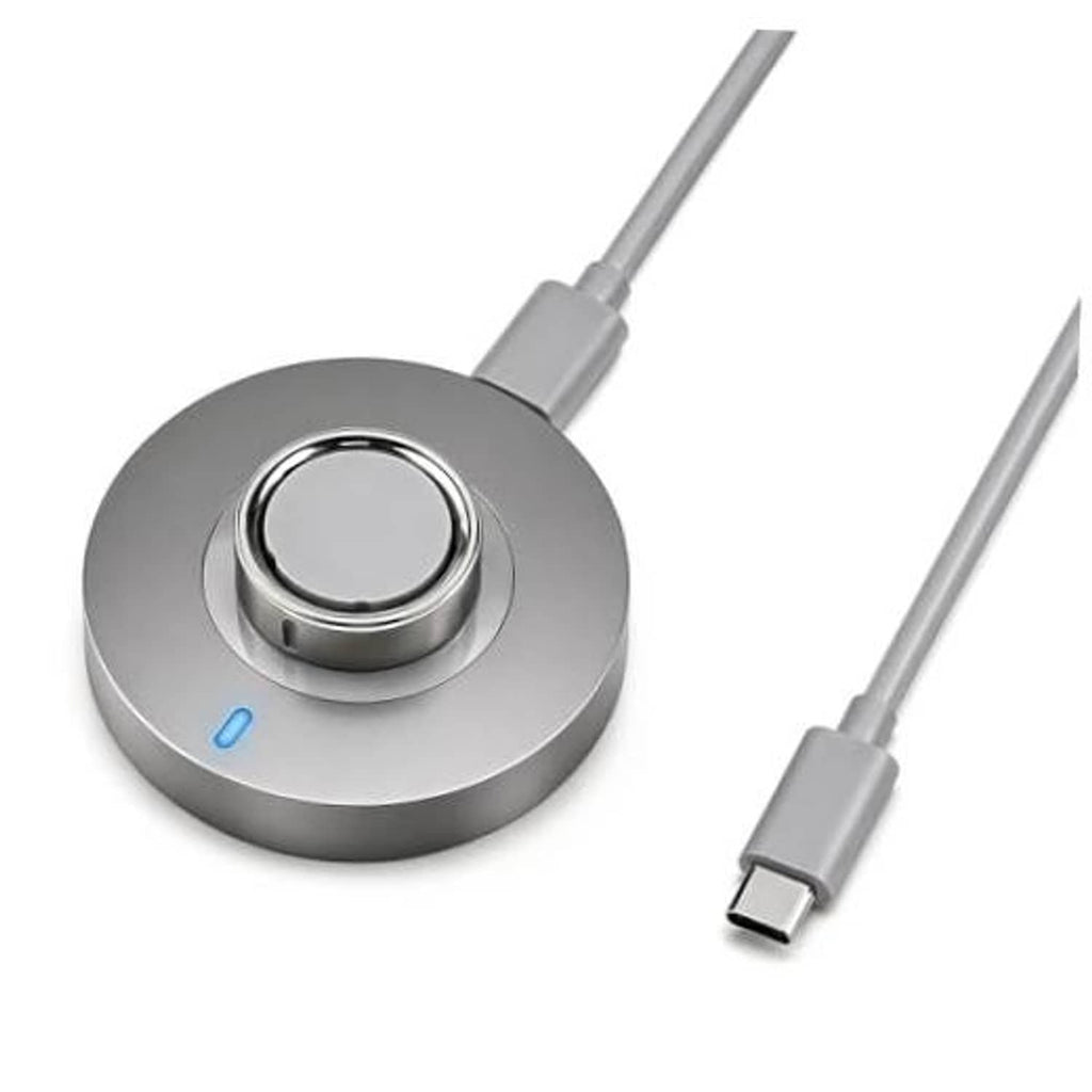 Round smart ring charging dock with USB-C plug and gray cable, blue LED