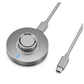 Round smart ring charging dock with USB-C plug and gray cable, blue LED