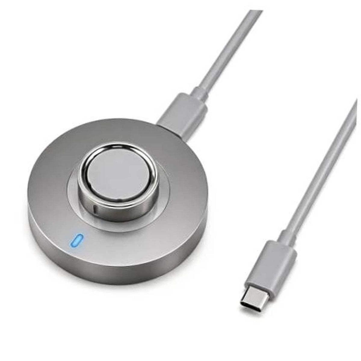 Round smart ring charging dock with USB-C plug and gray cable, blue LED