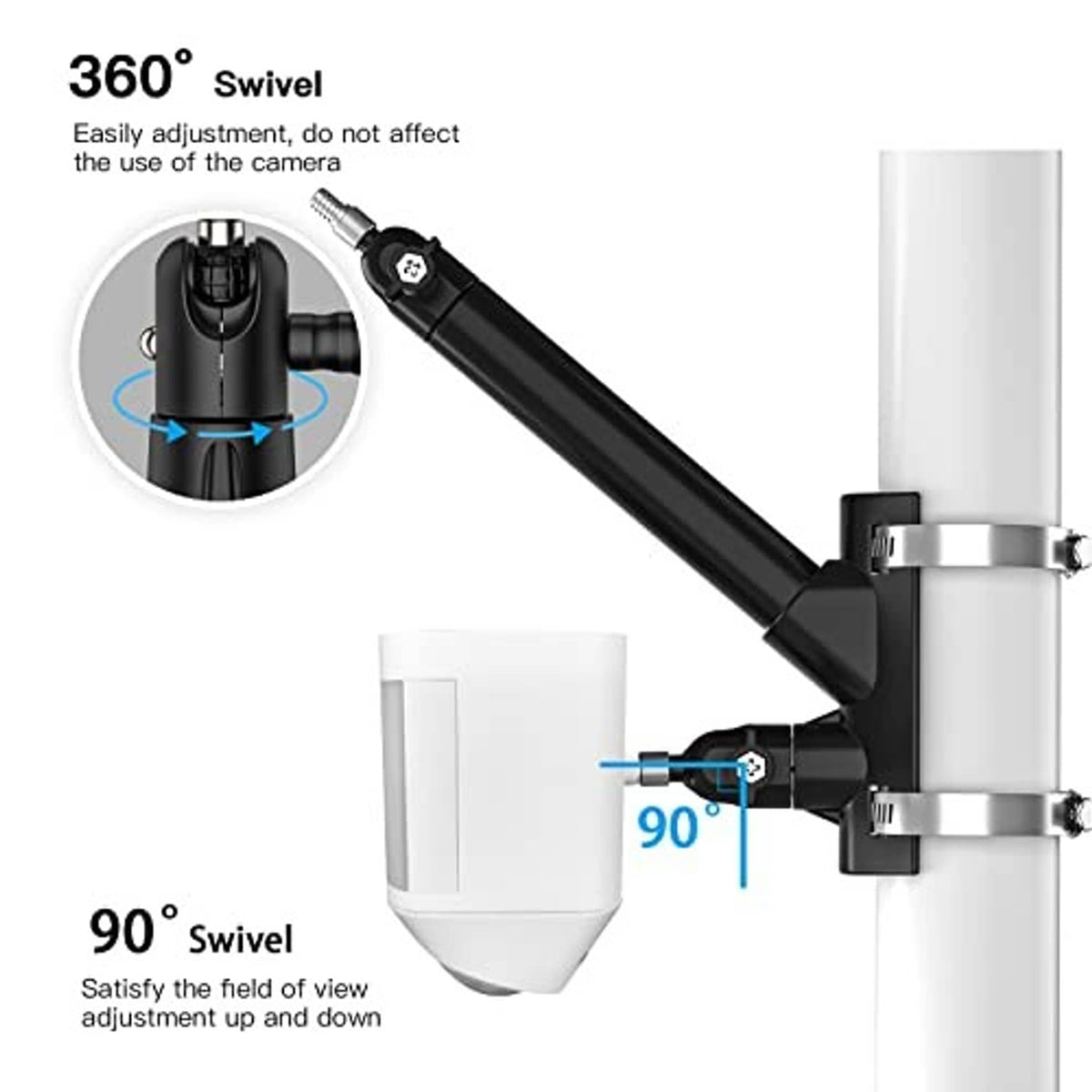 Black swivel mounting bracket for security camera, 360° and 90° tilt adjustment