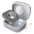 Silver charging case with open lid, ring cradle, and charging cable connectors