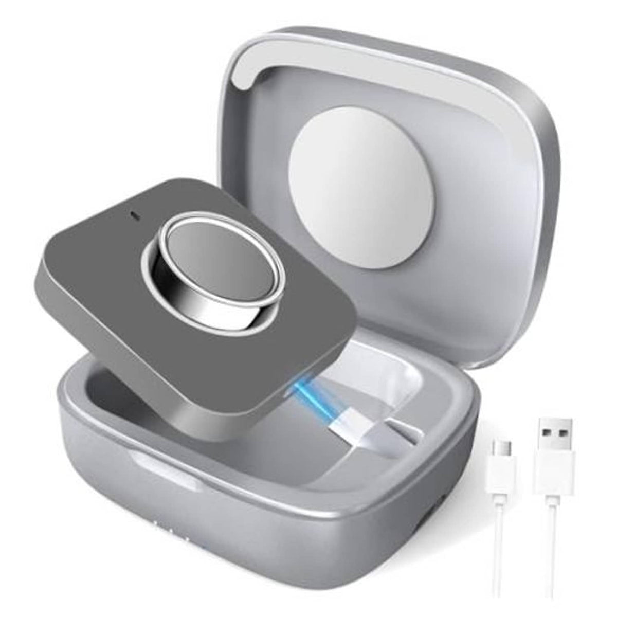 Silver charging case with open lid, ring cradle, and charging cable connectors
