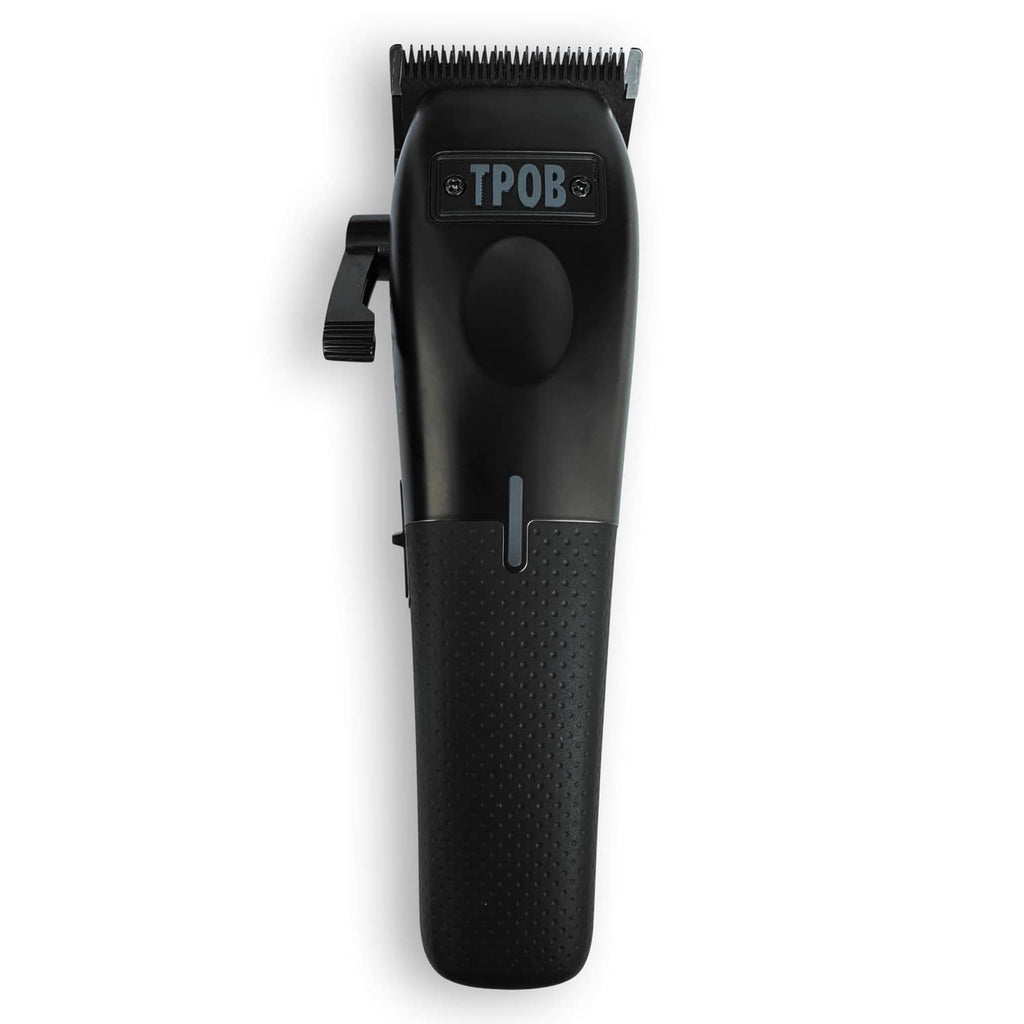 Men's hair clipper with black body and textured handle, front blade upward