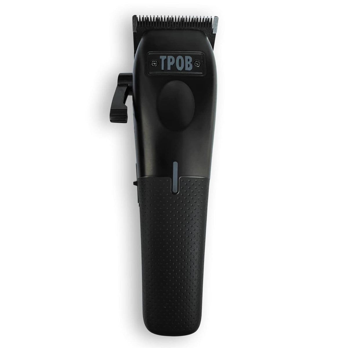 Men's hair clipper with black body and textured handle, front blade upward
