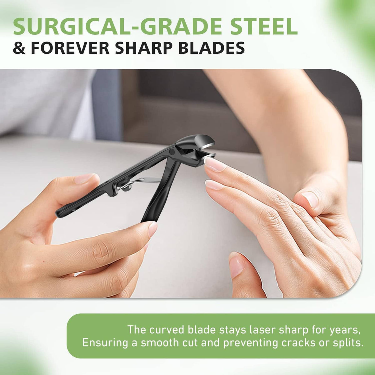 Black toenail clippers with surgical-grade steel blades and curved cutting head